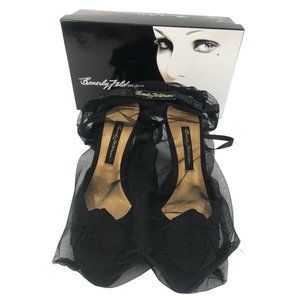 Beverly Feldman Shoes Womens Size 7.5 Designer Black Rose Bud Pumps Kitten Heels
